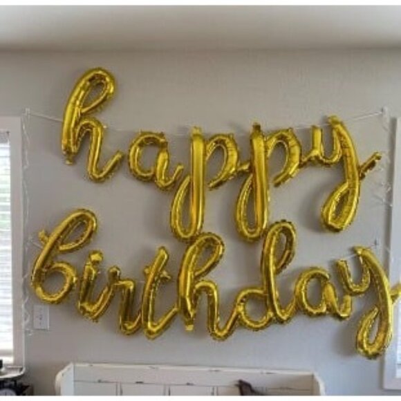 New Happy Birthday Balloons Banner Script/Cursive Gold Letter Balloon Sign - Picture 1 of 1